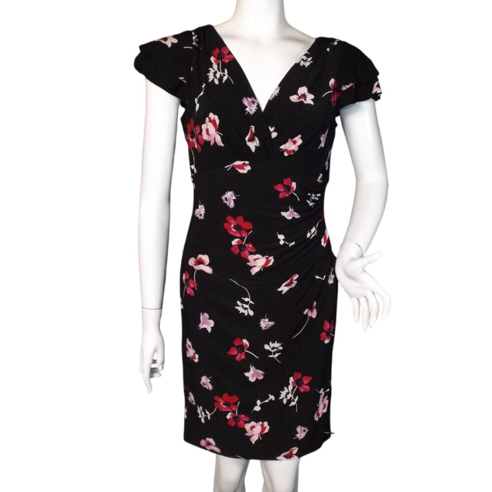 LAUREN RALPH LAUREN Dress, 8/M, Black/Red floral, Layered Flutter sleeve, V-neck